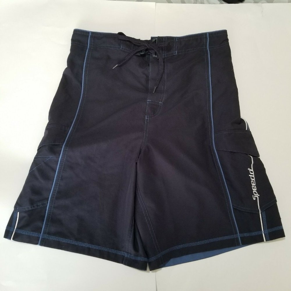Speedo Men's Black Swim Trunks with Blue Stitching